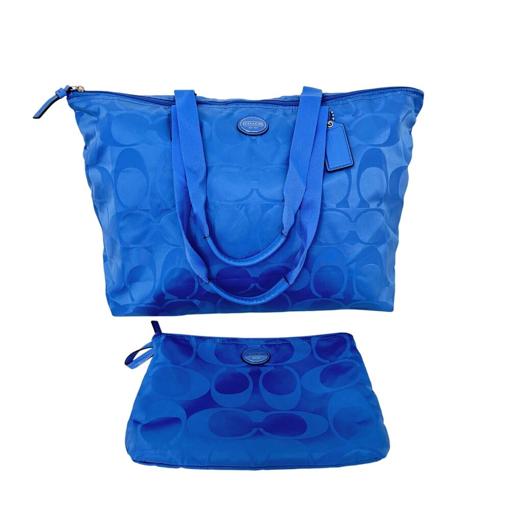 Coach Signature Nylon Packable Tote Bag Blue Removable Pouch Overnight Travel